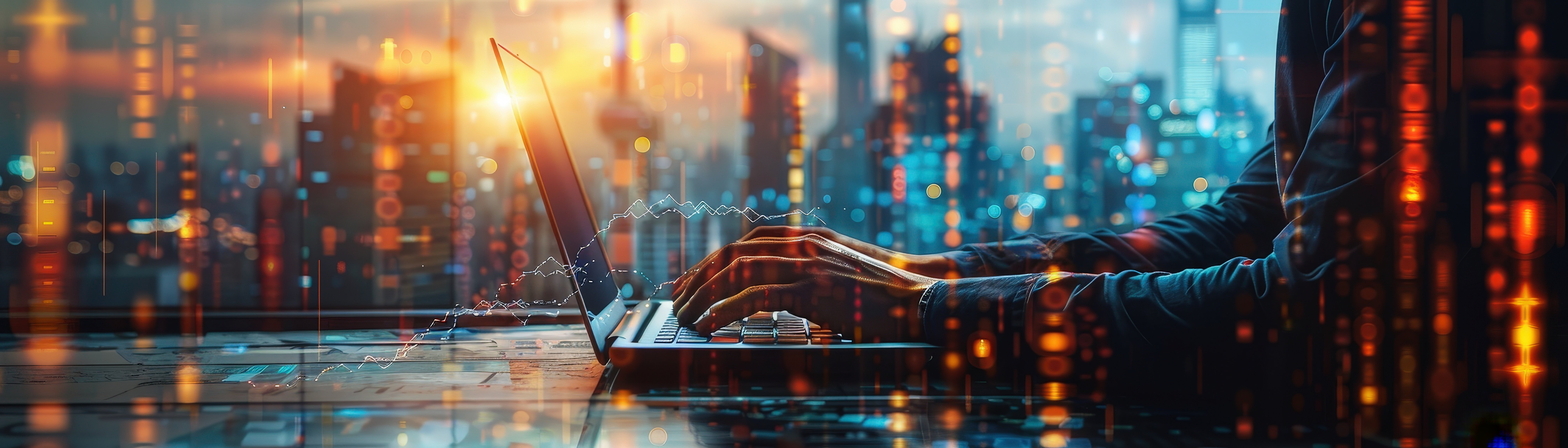 hands-typing-laptop-with-futuristic-digital-interface-overlay-cityscape-background-sunset-symbolizing-technology-innovation-1