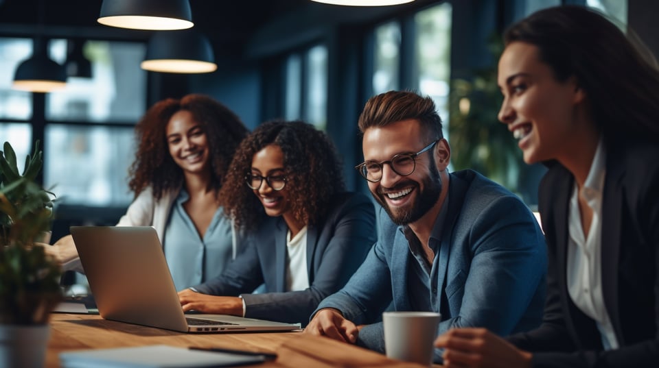 happy-business-people-laughing-while-collaborating