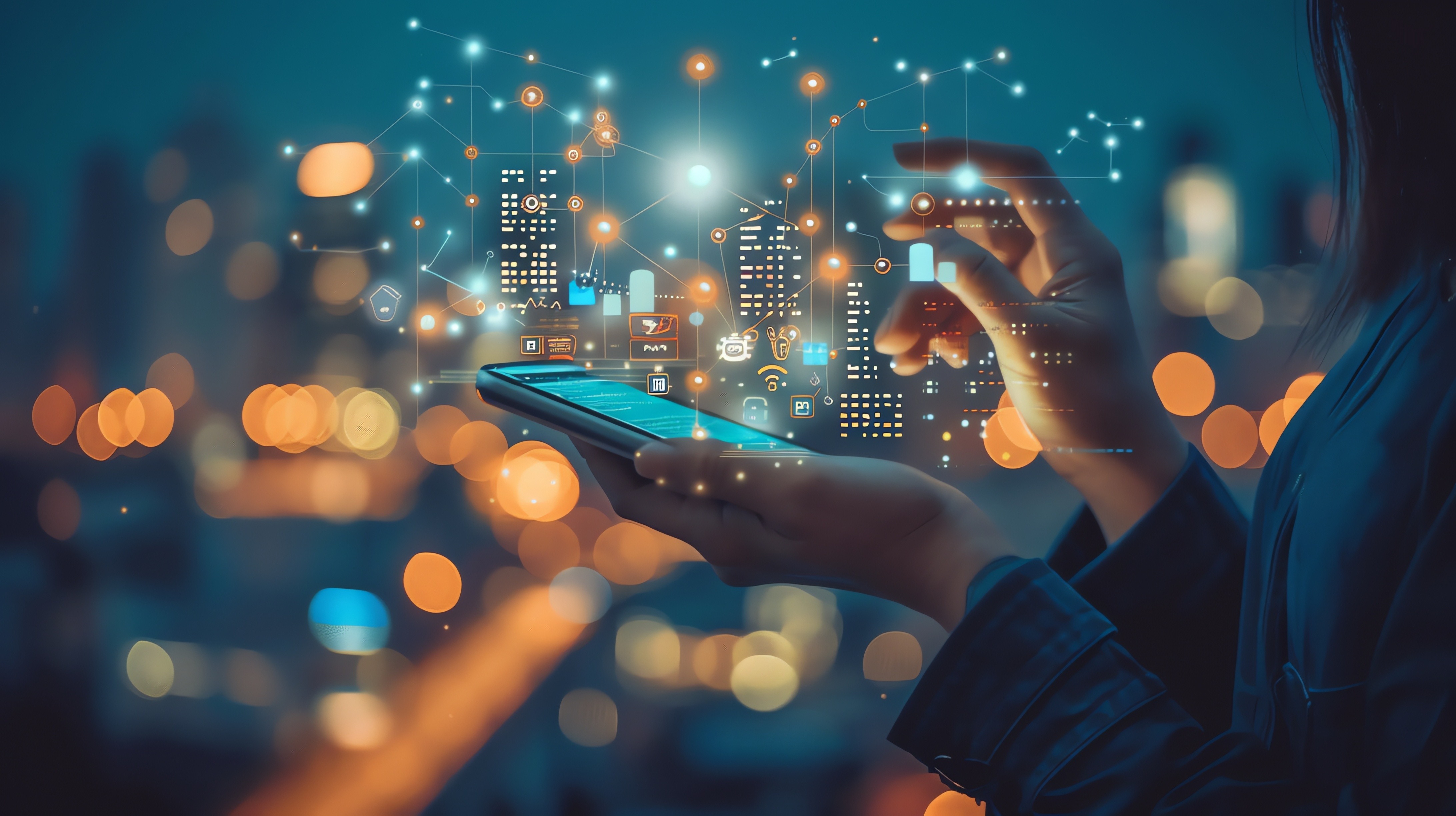 woman-holding-smartphone-with-futuristic-city-network-connections-background