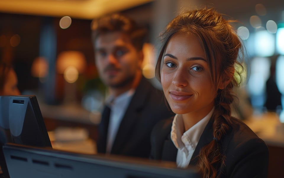 young-hotel-receptionist-smiling-camera-night